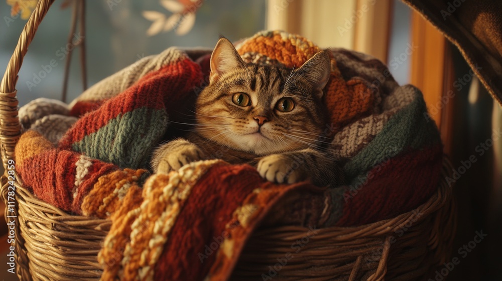 Poster a chubby cat nestled in a wicker basket, surrounded by cozy blankets, creating a charming and homey 