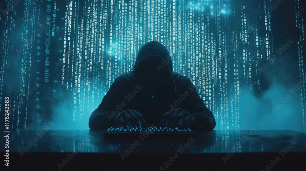 Poster A lone hooded figure typing on a keyboard, with the backdrop filled with digital binary code, representing the world of hacking and data manipulation
