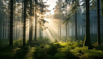 Obraz premium morning in a dense pine forest with rays of sunlight piercing 