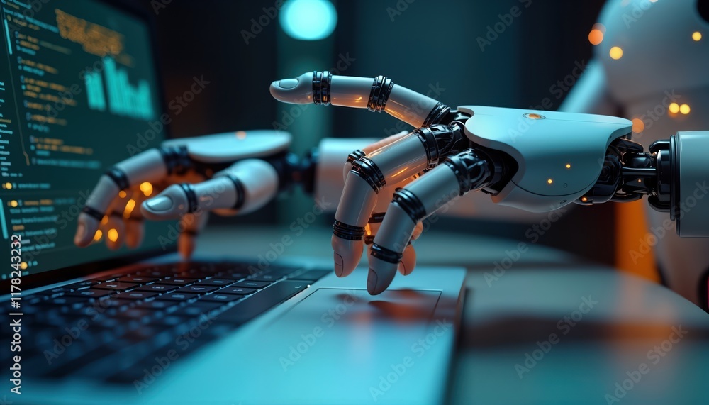 Aufkleber Robot hands use laptop. Robotic arms touch laptop touchpad. Artificial intelligence concept. Future of work. Digital technology. AI advisor chatbot. Modern business. Automated process. Cybernetic