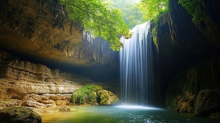 A magical underground waterfall flowing into a secluded oasis, with light filtering through the cave and illuminating the lush surroundings, creating a mystical feel