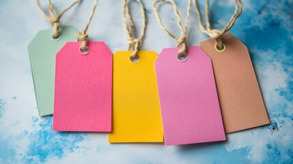 Colored Blank clothing price tags or labels mockup with strings. Sale, shopping concept. Copy space