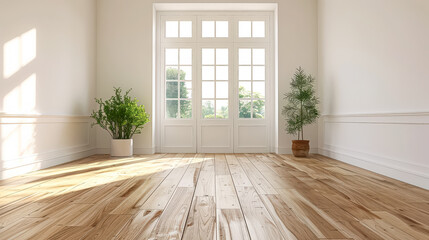 Large, open living room with a white couch and a white chair.