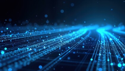 Abstract blue tech background shows fast data flow. Futuristic network design with glowing lines, dots. Dynamic lines illustrate speed, data communication. Modern illustration shows fast data flow