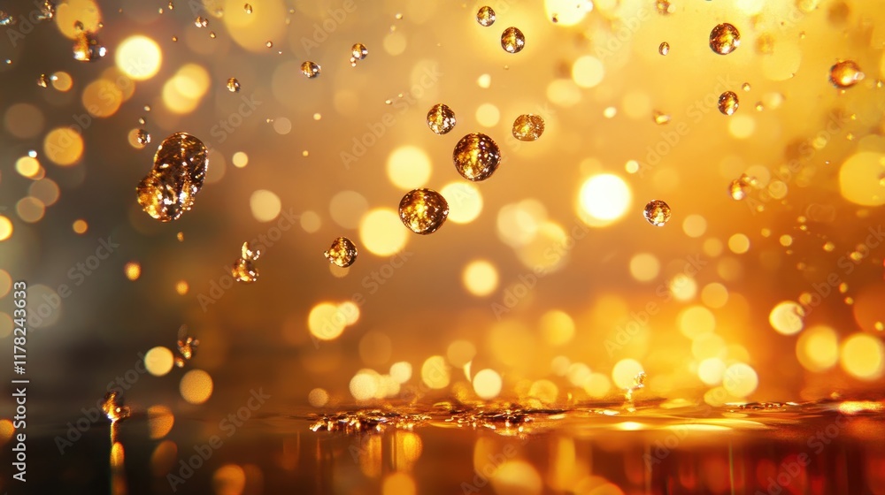 Poster a mesmerizing close-up of water droplets suspended in mid-air, creating a serene and captivating sce