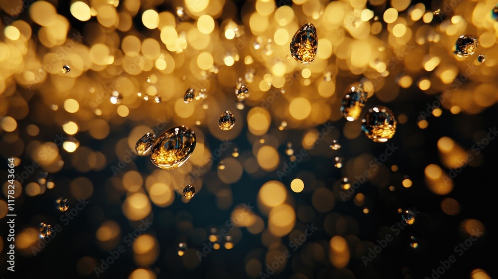 Poster a mesmerizing close-up of water droplets suspended in mid-air, creating a serene and captivating sce