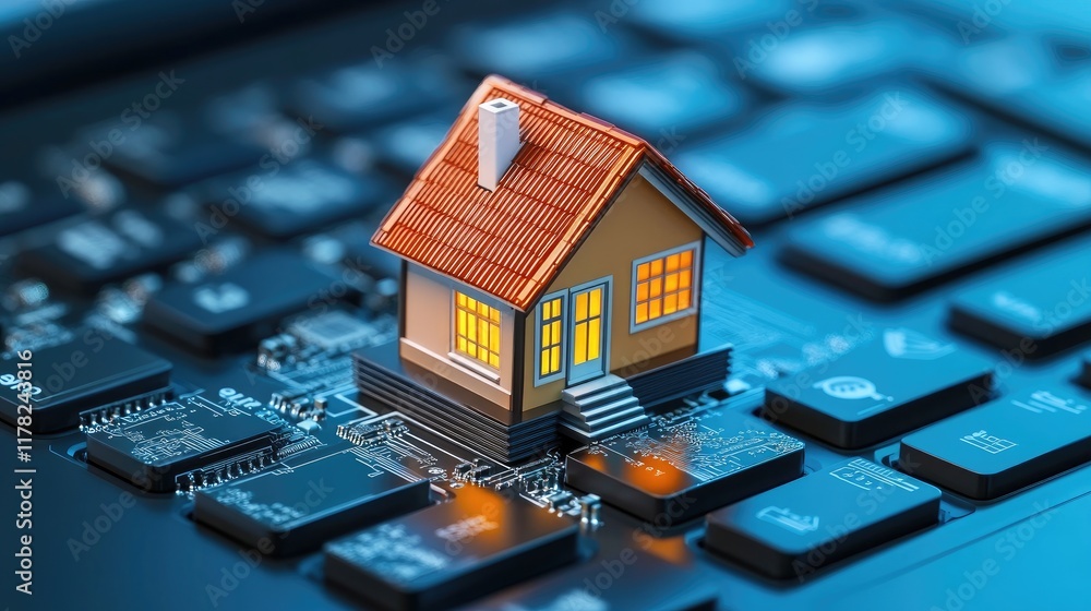 Poster A miniature house on a circuit board keyboard, creating a visual metaphor for the interconnectedness of technology and modern living in the digital age