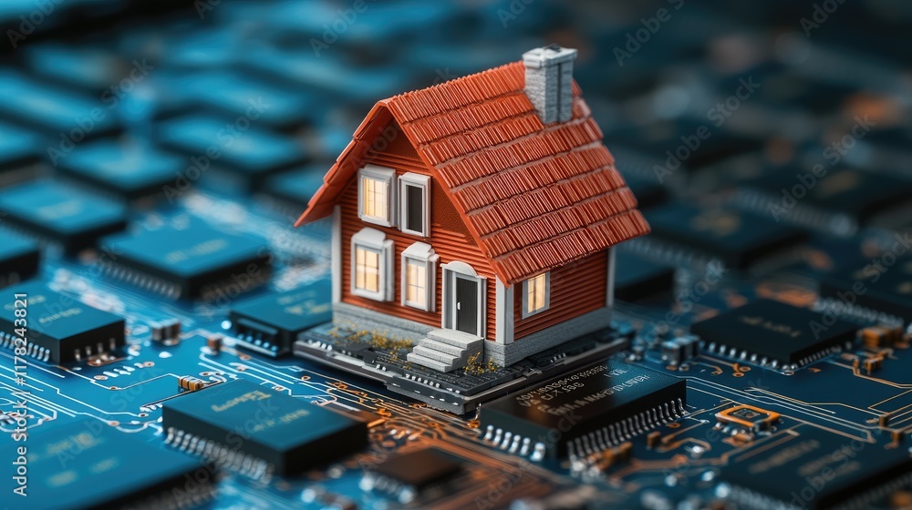 Poster A miniature house on a circuit board keyboard, creating a visual metaphor for the interconnectedness of technology and modern living in the digital age