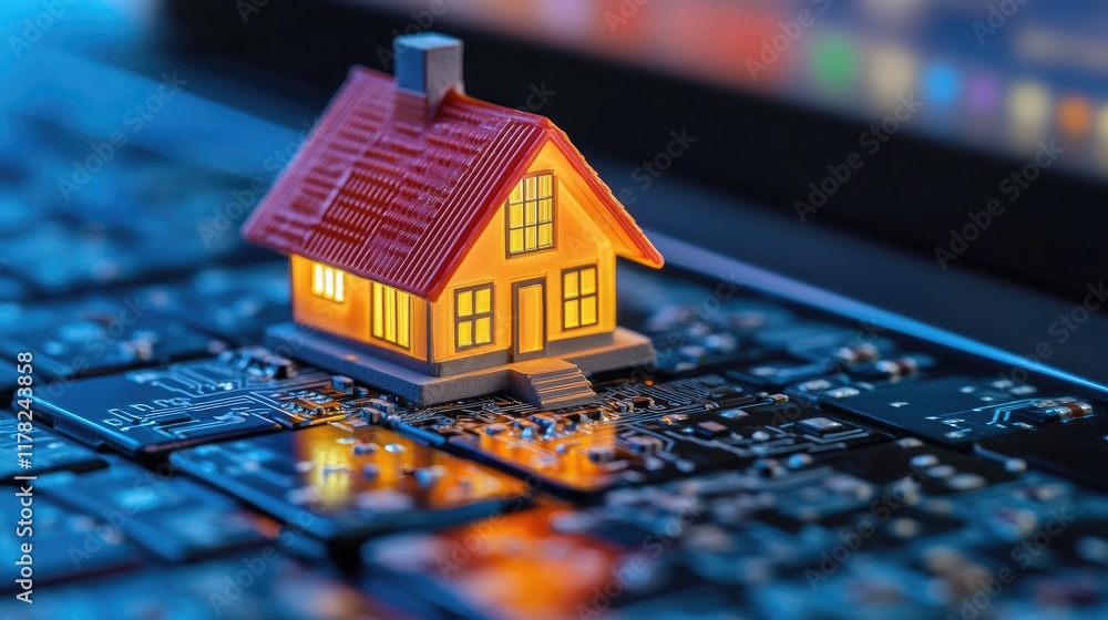 Poster A miniature house on a circuit board keyboard, creating a visual metaphor for the interconnectedness of technology and modern living in the digital age