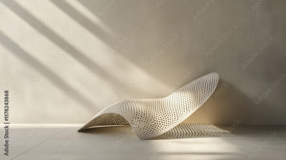 Poster a minimalist composition featuring a graceful, perforated curved design on a simple, neutral backgro