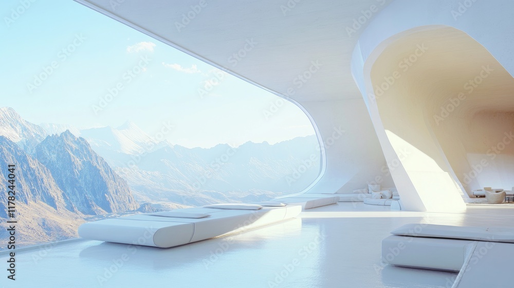 Aufkleber a minimalist futuristic white architectural design with panoramic views of the mountains, harmonizin