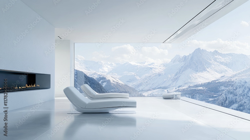 Aufkleber a minimalist futuristic white architectural design with panoramic views of the mountains, harmonizin