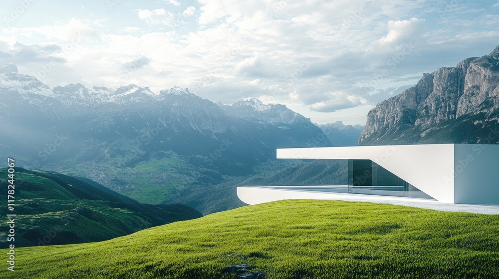 Poster a minimalist futuristic white architectural design with panoramic views of the mountains, harmonizin