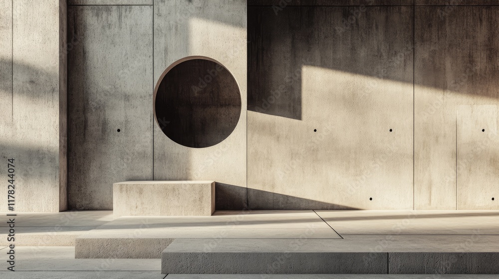 Poster a minimalist geometric arrangement of shapes on a concrete surface, with dramatic shadows cast acros