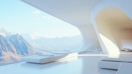 A minimalist futuristic white architectural design with panoramic views of the mountains, harmonizing modern aesthetics with the natural environment