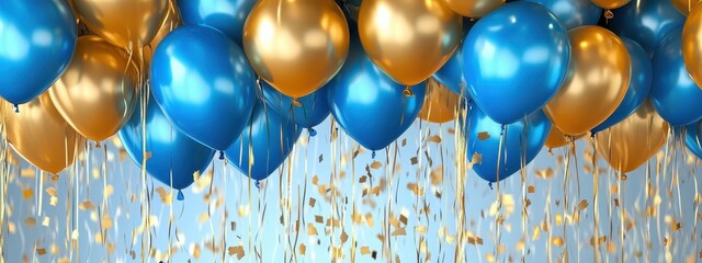 Festive balloons, blue and gold, shiny metallic, confetti, celebration, party atmosphere, vibrant colors, helium-filled, floating, bunched together, joyful mood, special occasion, birthday party, anni