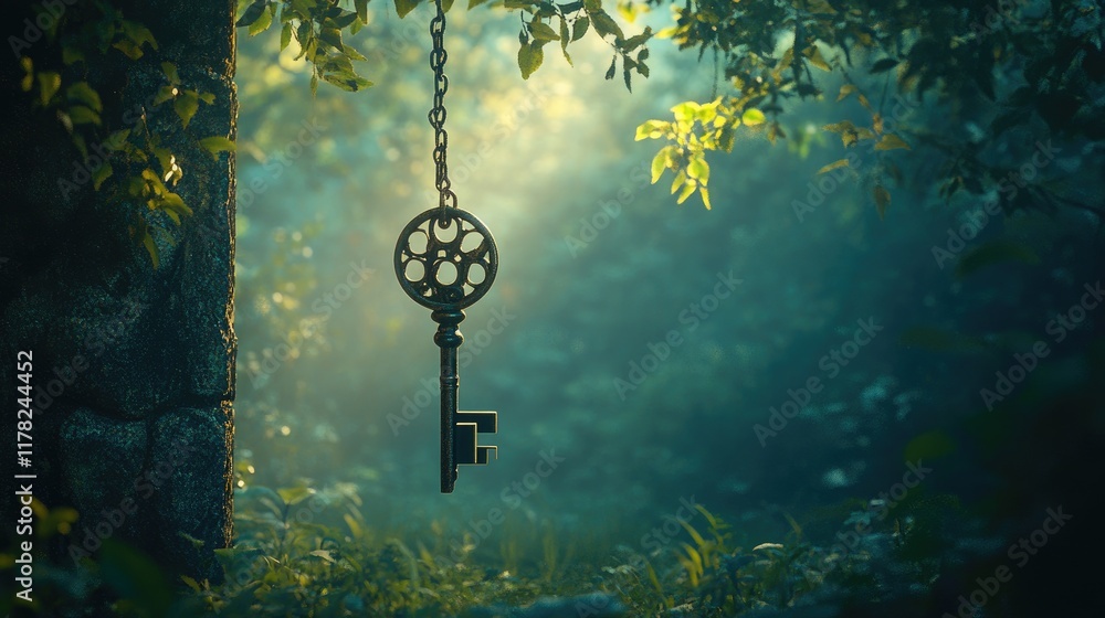 Poster A mystical key hanging above an enchanted forest clearing, illuminated by soft, magical light, creating a sense of adventure and hidden secrets