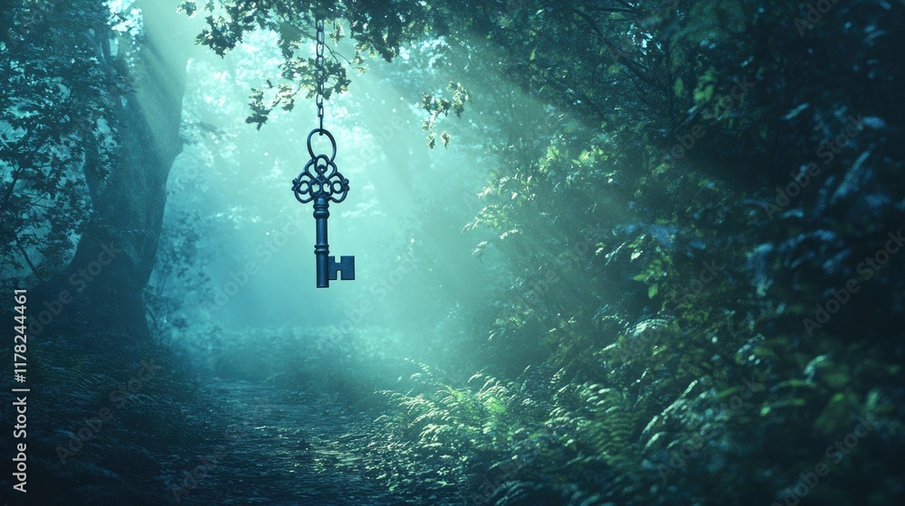 Aufkleber a mystical key hanging above an enchanted forest clearing, illuminated by soft, magical light, creat