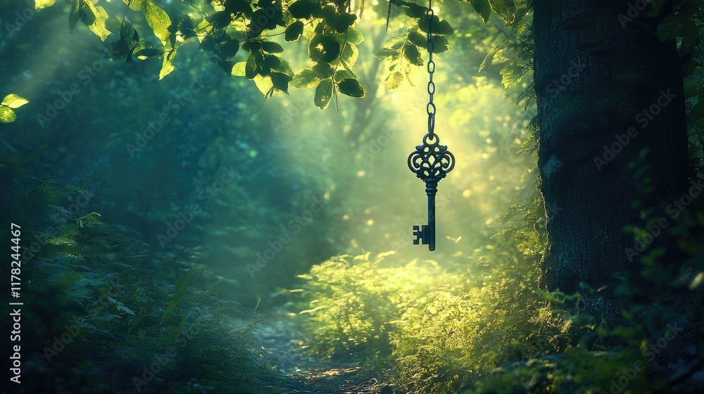 Poster A mystical key hanging above an enchanted forest clearing, illuminated by soft, magical light, creating a sense of adventure and hidden secrets