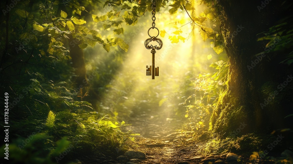 Poster A mystical key hanging above an enchanted forest clearing, illuminated by soft, magical light, creating a sense of adventure and hidden secrets