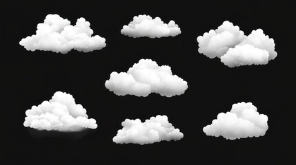 A collection of fluffy white clouds on a black background for graphic use.