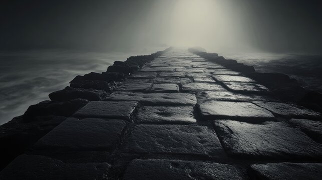 A monochrome image of a mist-covered dark stone pathway, leading into an enigmatic atmosphere, with fog creating a mysterious and eerie vibe