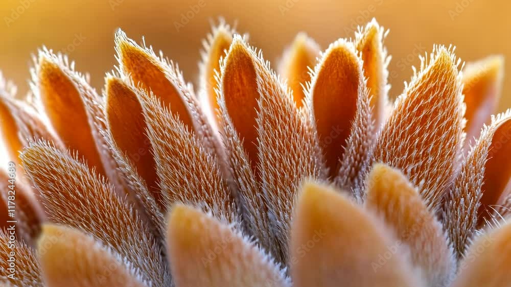 Poster close-up view of intricate plant structure showcasing fuzzy and pointed textures during golden hour 