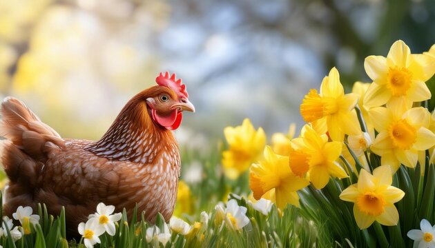 hen nestled among daffodils in a serene spring garden with copy space