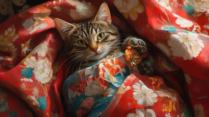 Fototapeta premium A playful cat in a traditional Japanese kimono, featuring vibrant floral patterns, with a serene and cultural ambiance in the scene