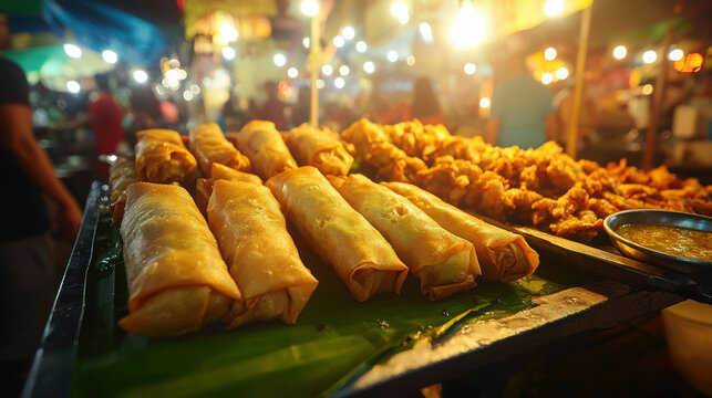 Lively Filipino Night Market with Freshly Fried Lum and Street Food Delights