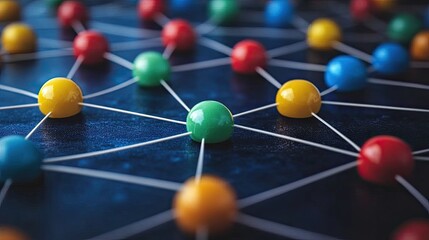 Colorful connected spheres on blue background for network, social media, tech concepts