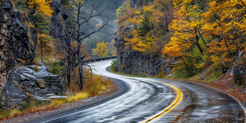 Naklejka premium Scenic autumn road winding through vibrant forest landscape