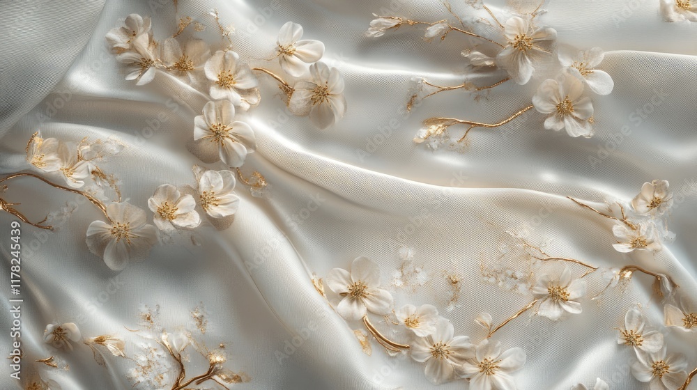 Poster a refined floral design with golden highlights and soft draped fabric, creating an elegant and sophi