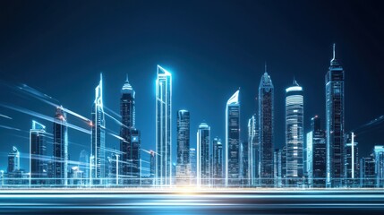 Futuristic city skyline with glowing skyscrapers at night.