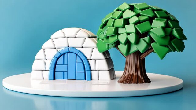 Model of an igloo beside a green tree on a white base against a blue background showcasing a whimsical winter scene