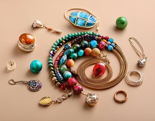 assorted colorful jewelry and beads on beige background