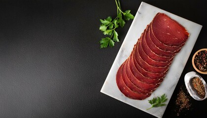 turkish sliced pastrami kayseri pastirma spiced dried beef on a marble board black background top view copyspace