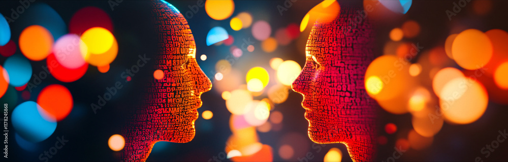 Poster a multilingual conversation between abstract human figures, with colorful speech bubbles filled with