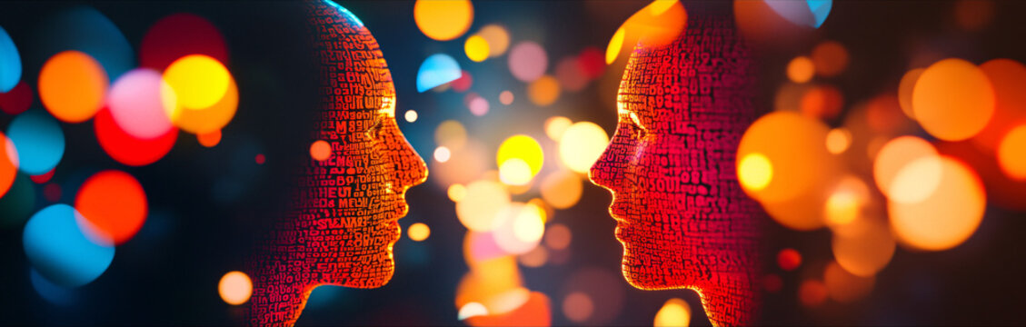 A multilingual conversation between abstract human figures, with colorful speech bubbles filled with words in various languages.  