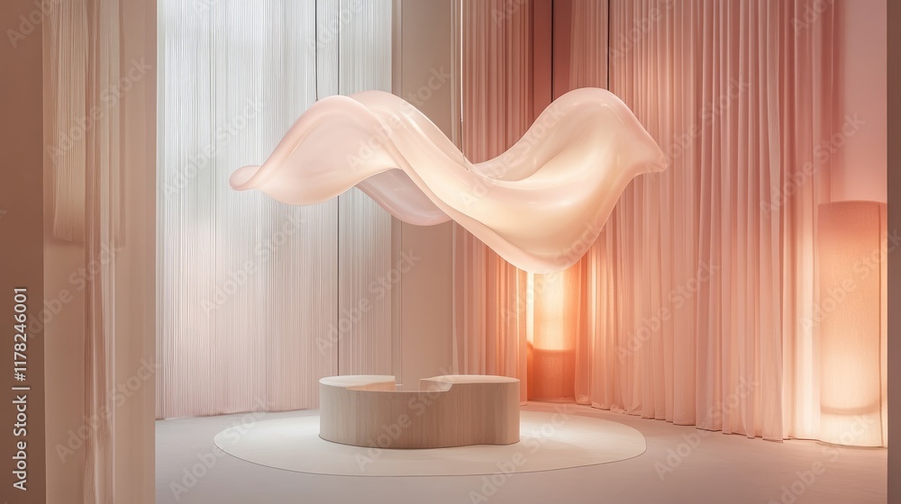 Poster A sculptural lighting installation in soft pastel shades, casting a delicate light across a contemporary room, creating an artistic and calming atmosphere