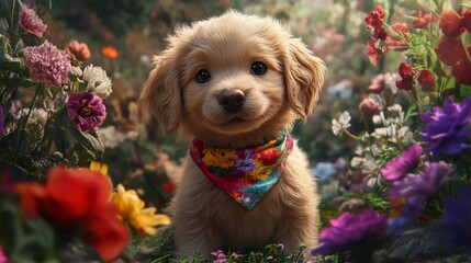 A cute puppy wearing a small, colorful bandana, sitting proudly in a garden surrounded by blooming flowers.
