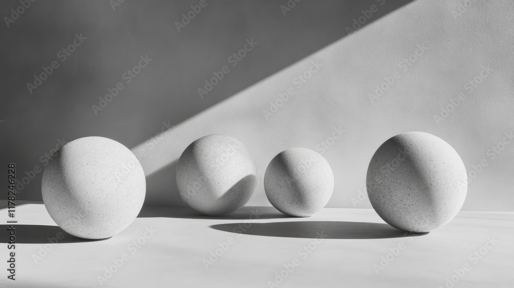 Poster a serene and minimalist monochrome scene with abstract spheres, illuminated by chiaroscuro lighting,