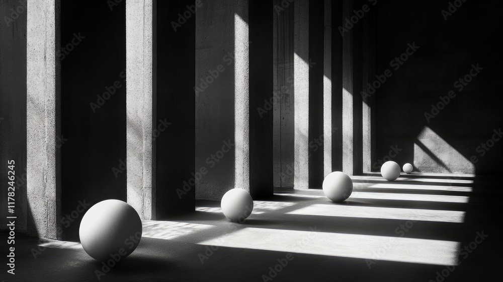 Poster a serene and minimalist monochrome scene with abstract spheres, illuminated by chiaroscuro lighting,