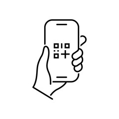 QR code scanning mobile phone in line style icon. Barcode scanner for pay PNG symbol. Hand holding scan QR code signs. vector illustration for apps and website
