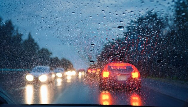 rainy evening drive through wet windshield with blurred taillights