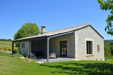 Discover a delightful countryside residence featuring a beautiful stone fa&ccedil;ade, nestled amidst vibrant greenery in a picturesque, sunlit setting