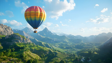 Fototapeta premium Serene Hot Air Balloon Ascending over Lush Mountain Valley