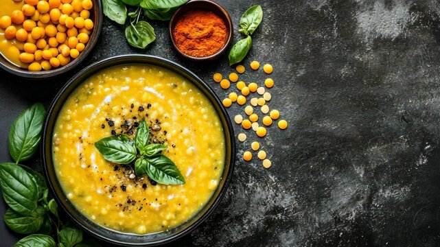 Delicious lentil soup with fresh herbs and spices served in a rustic bowl