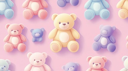 A colorful arrangement of cartoon-style teddy bears on a pink background.