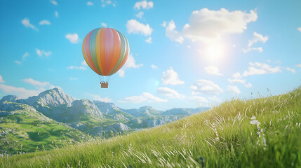 Obraz premium Serene Hot Air Balloon Soaring Over Lush Green Mountainscape